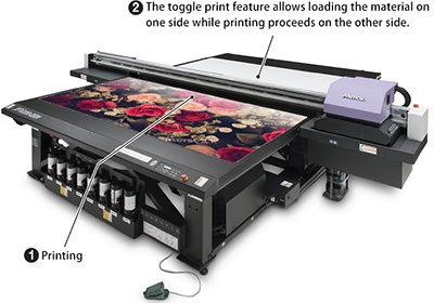 The toggle print feature allows loading the material on one side while printing proceeds on the other side.